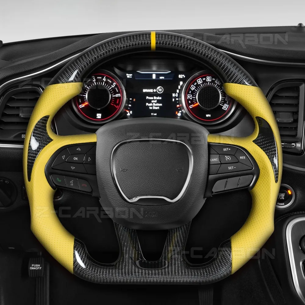 

Real Carbon Fiber Steering Wheel Yellow Perforated Leather Fit For Dodge Challenger 2015-2020 Customized Racing Steering Wheel