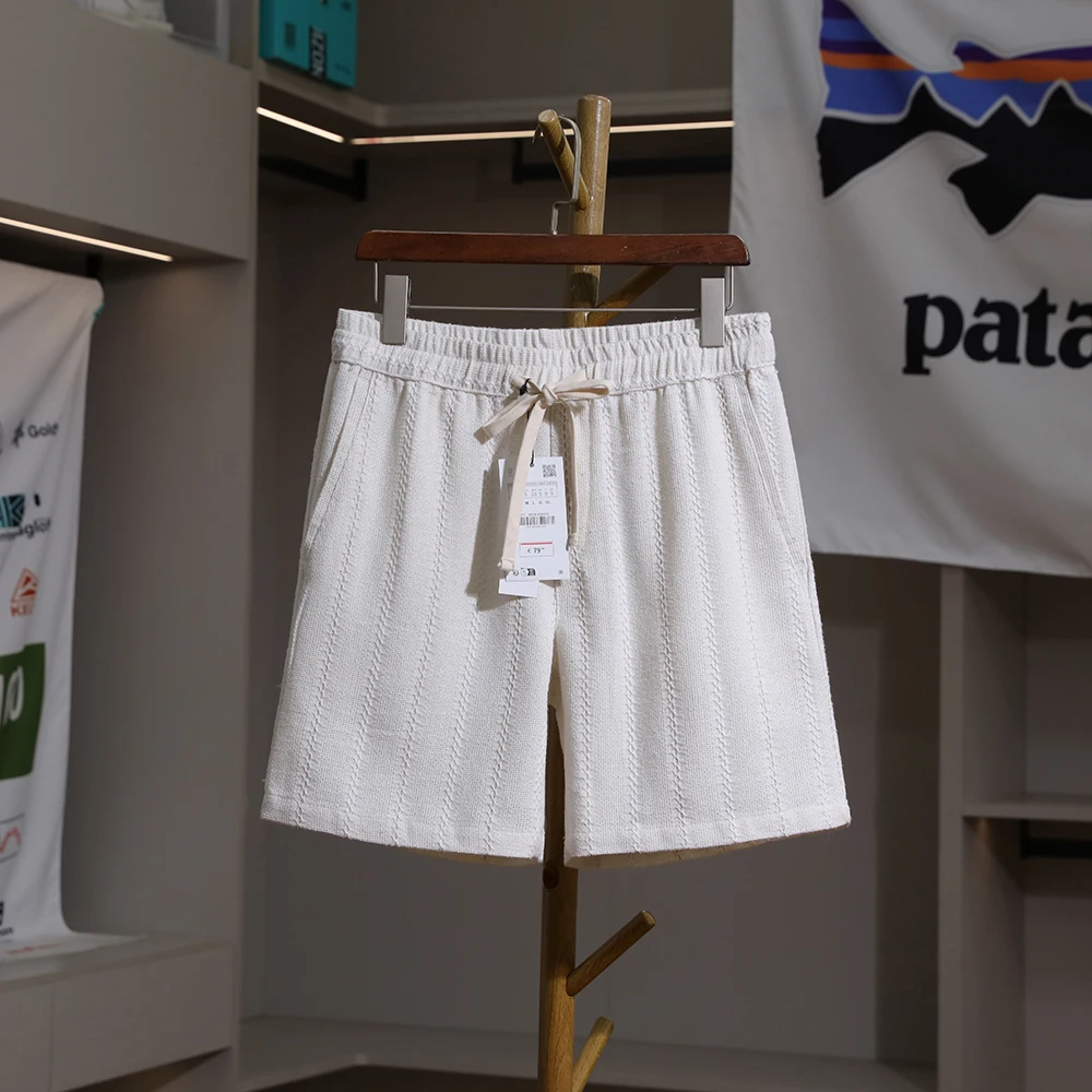 Men's Summer Breathable Casual Five-Quarter Shorts Fashionable Retro Style Elastic Waist Straight Leg Knitted Pure Color Shorts