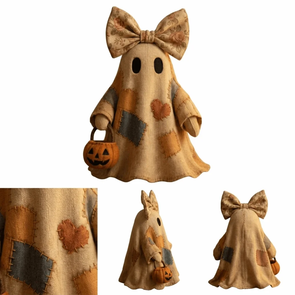 Vintage Style Patchwork Ghost Soft Pieced Fabric Matching Pumpkin Halloween Decoration Lightweight Structure Neat Stitching