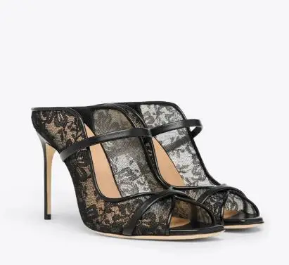 

Black Lace Floral Square Peep Toe High Heel Mules Summer Women Hollow Narrow Bands Strap Slip On Thin Heels Modern Slippers