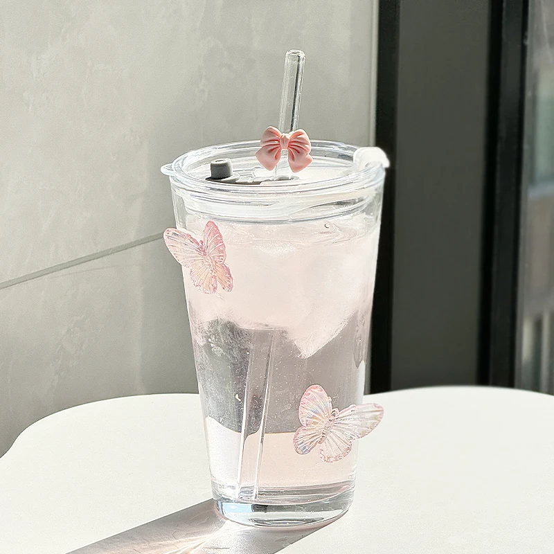 Ins Style Sippy Cup Butterfly Sippy Glass Water Cup High Appearance Level Home Juice Girl Cute Cup Milk Coffee Cup