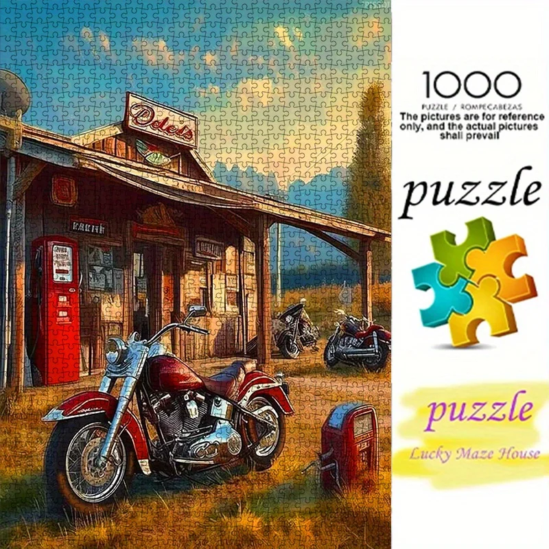 Vintage tankstation met motorfietsen puzzel volwassen retro thema intellectueel spel thuis vrije tijd decoratief puzzelspeelgoed