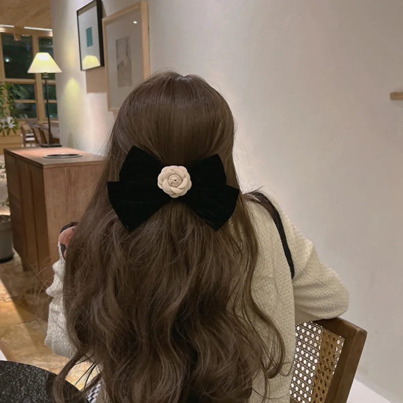 Elegant Black Velvet Hair Bows Clips White Flower Back Head Bowknot Hairpin Party Barrette Grip Headwear Korean Hair Accessories