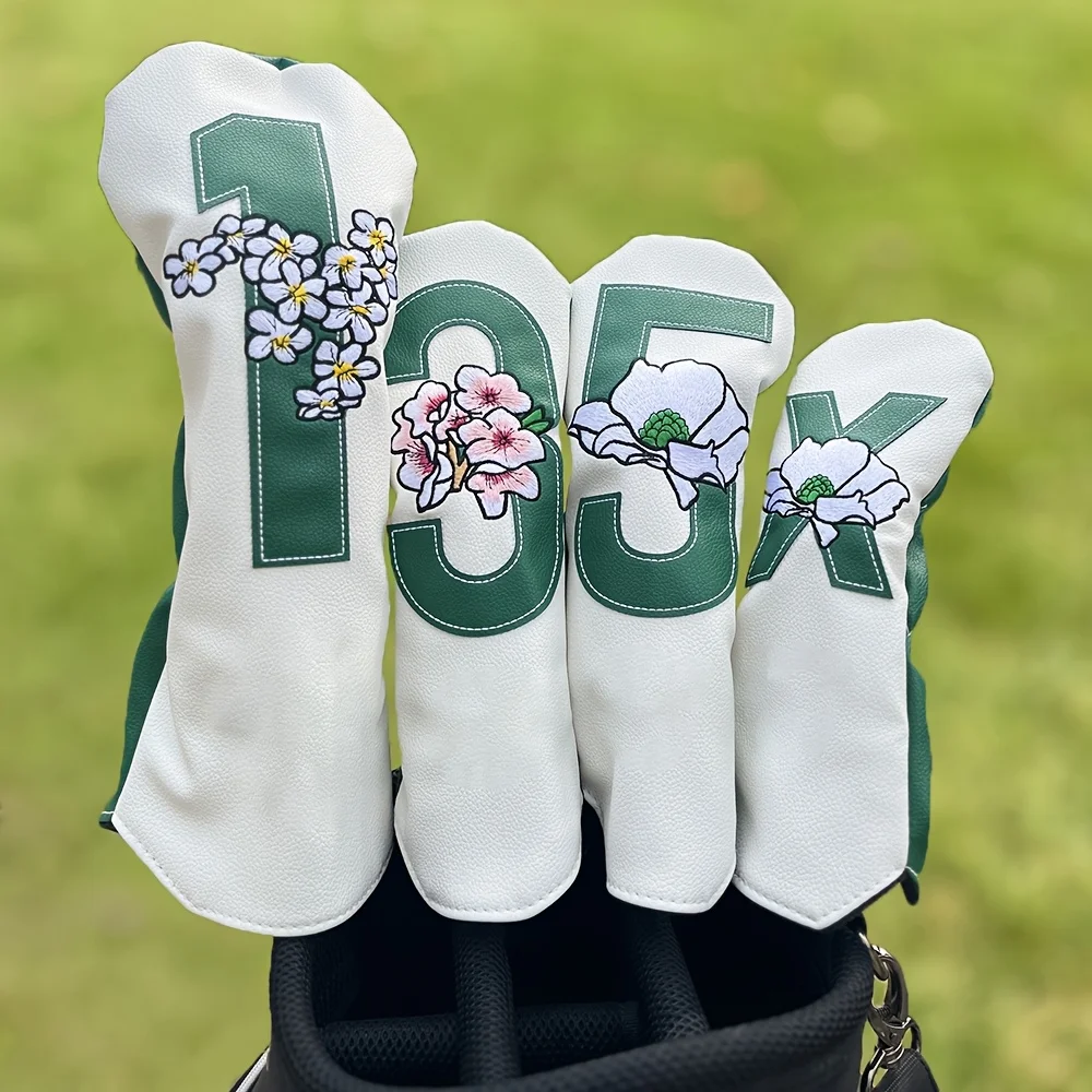 Funda para cabeza de palo de golf blanca serie Sakura: resistente al agua y duradera, diseño floral con flores de cerezo y detalles verdes