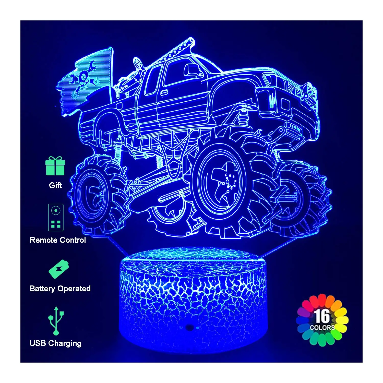 Monster Truck Night Lights Gifts, Monster Truck 3D 16 Colors Changing Lamp Gifts, Best Birthday Xmas Monster Truck Gifts for Boy