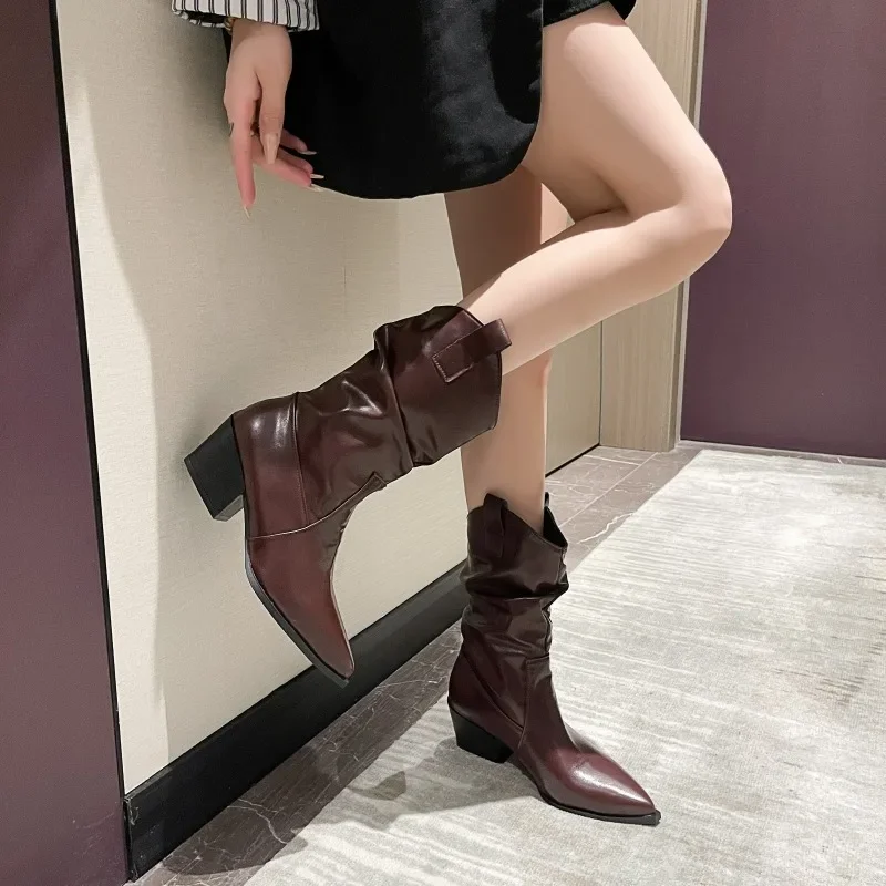 Female Western Boots Cowboy Boots Women Plested Women Ankle  Pu Leather Shoes Autumn Boots Women Booties Lady