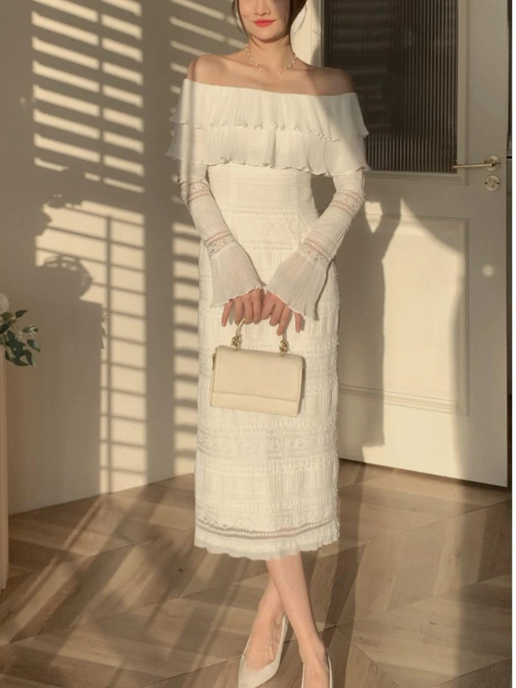 Vestido Midi Vintage blanco elegante para mujer, vestido ajustado Sexy con volantes para fiesta en la playa, vestido de una pieza ajustado para