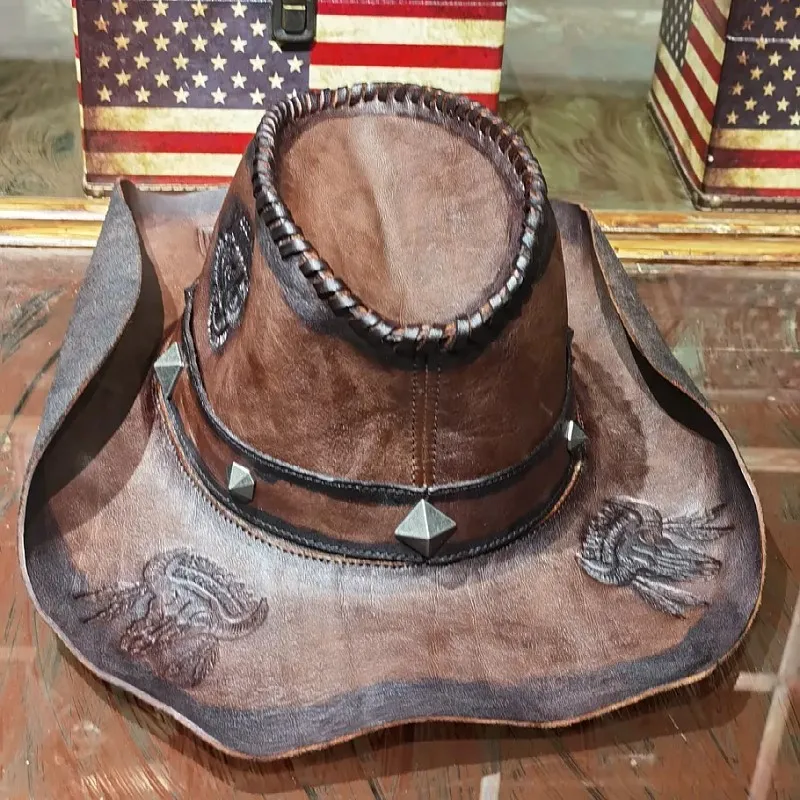 Vegetable-tanned leather heavy hand-painted cowhide casual and versatile printed pattern hat for men's fashion