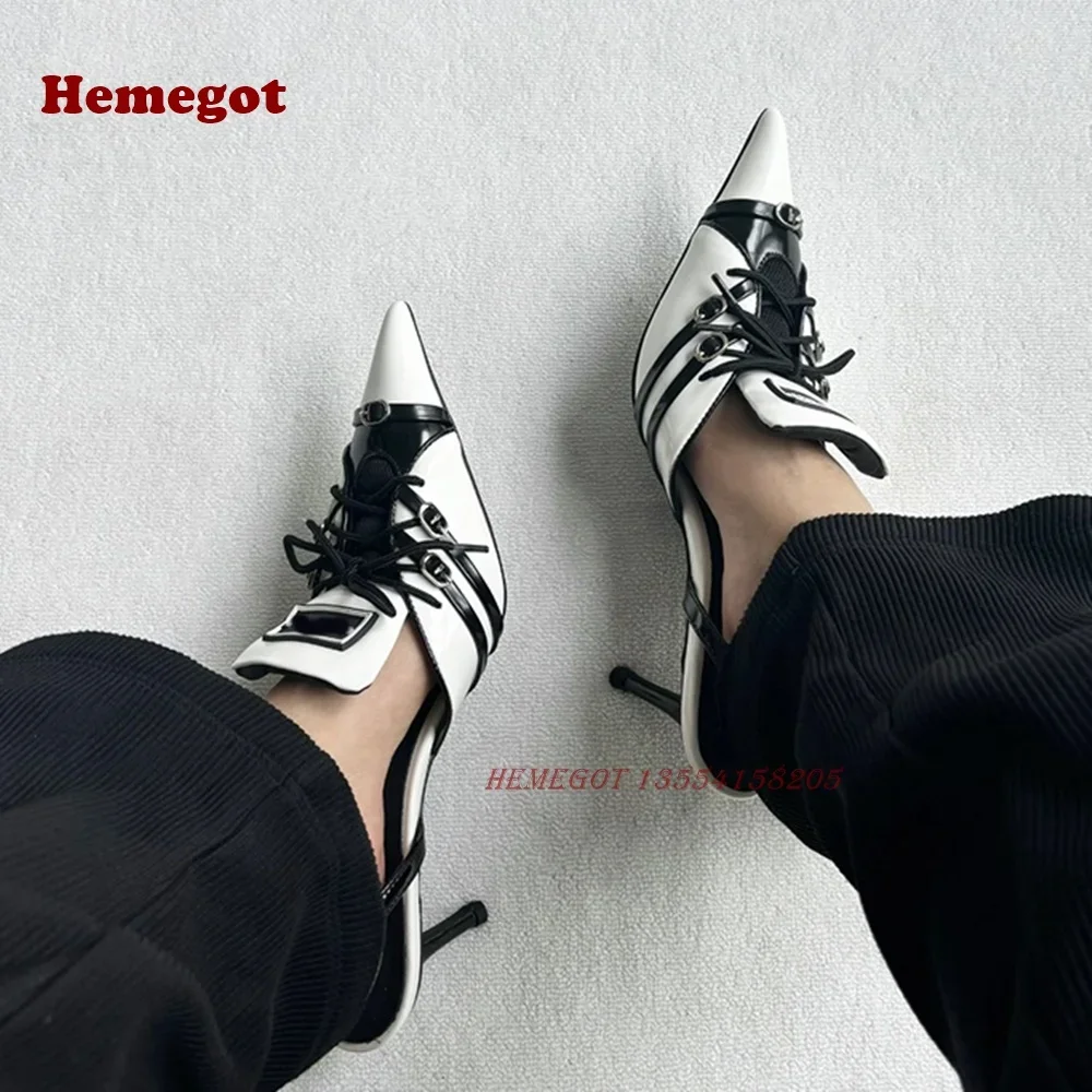 Red White Lace-Up Slingback Pumps Pointed Toe Thin Heel Buckle Women\'s Sandals 2024 Patchwork Mixed Color Party Shoes Luxury