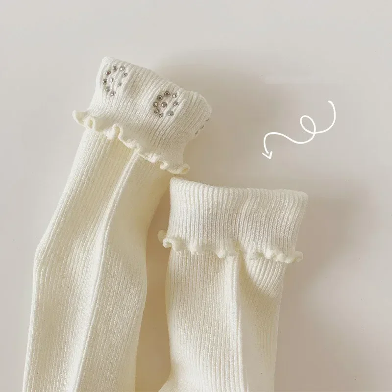 1 Pair Calf Sock for Baby Girls Cute Japanese Pearl Children Girls Over Calf Sock Spring  Autumn Ruffle Princess Lolita Sock