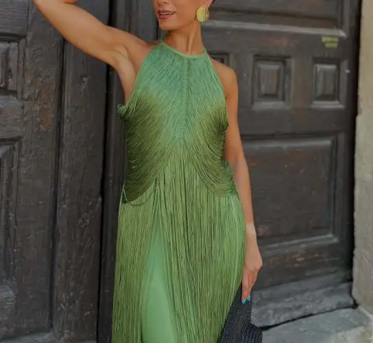 Women Dresses 2026 Spring Summer New Solid Color Temperament Hanging Neck Tassel Design Sleeveless Slim Fit Long Dress