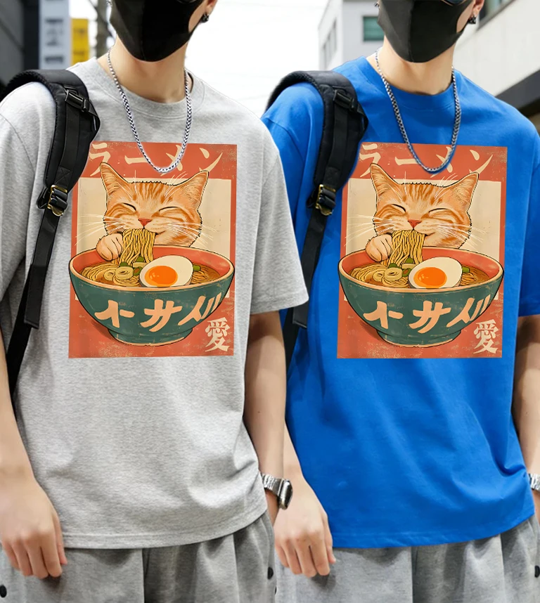 

Eating Noodles Will Make Cats Happy Pattern Men Summer Cotton T-Shirt Suit Daily Soft Streetwear Office Breathable Short Sleeve