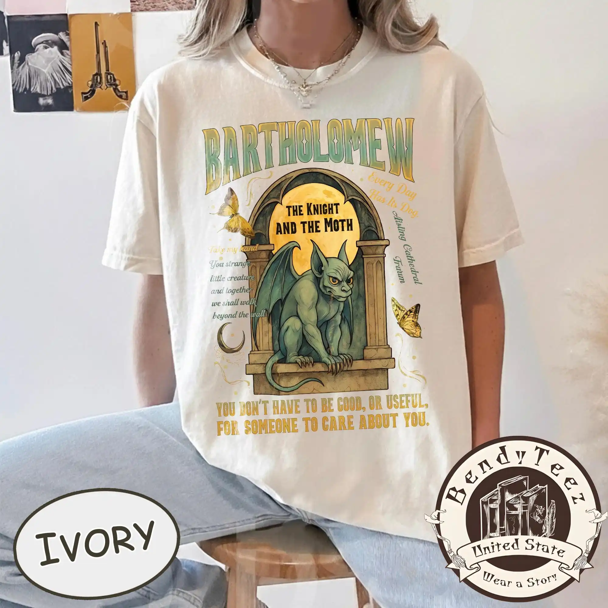 Inspirational Gargoyle T-Shirt, Bartholomew Knight and Moth Graphic Tee,  Moon and Moth Reader Top, Retro Aesthetic Shirt