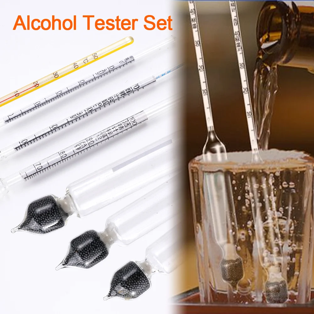 4Pcs Hydrometer Alcoholmeter Set 0 To 100% Alcohol Meter Tester Thermometer Wine Meter Vintage Alcohol Concentration Meter Tool