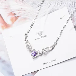 925 Sterling Silver Women Chain On The Neck Collarbone Necklace For Women Angel Wing Purple Zircon Pendant Chain Girl Jewelry