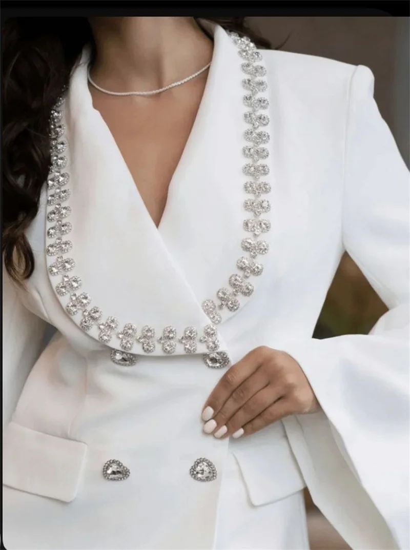 Crystals White Women Suit 1 Piece Blazer Coat Puffy Sleeves Shiny Formal Office Lady Jacket Customized Cotton Wedding Tuxedo