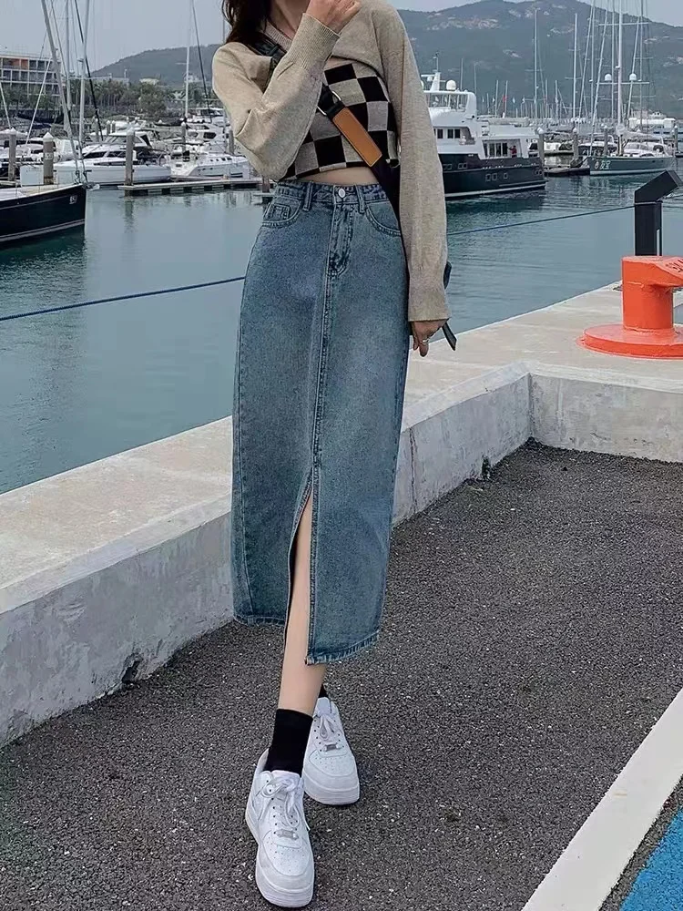 

Джинсовая юбка миди с высокой талией и разрезом, женская, весна-лето, приталенная, универсальная, А-силуэт, больших размеров, классическая синяя однотонная юбка