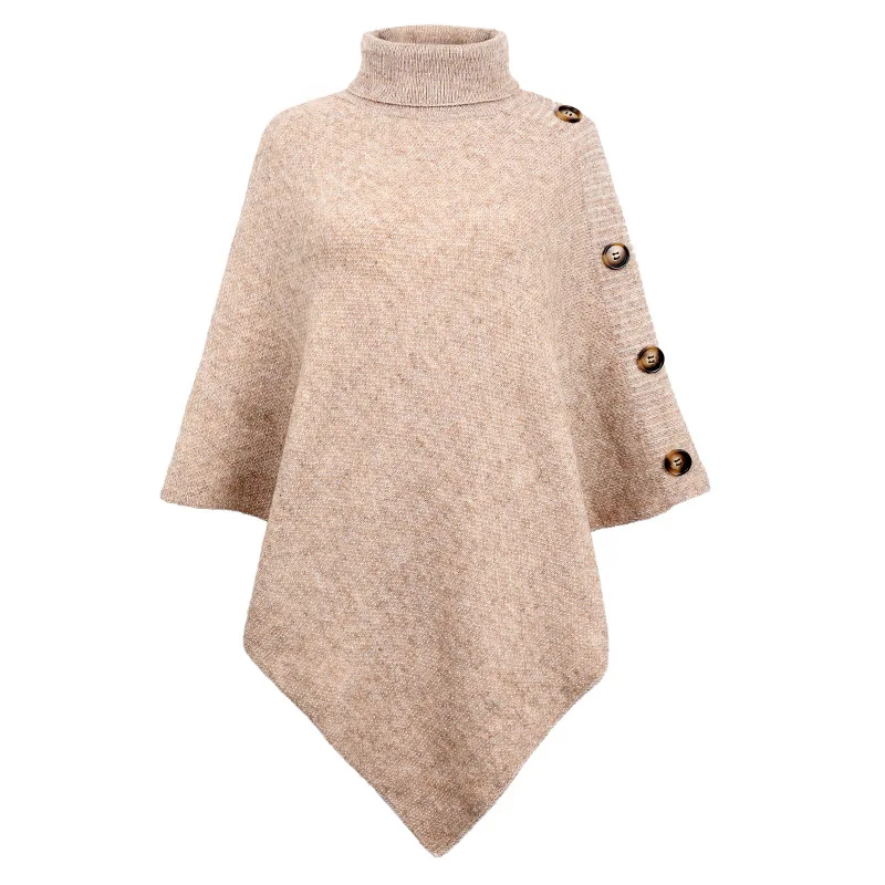 

Fashion Autumn Winter Button Poncho Women Sweater Oversized Turtleneck Jumper Knitwear Holiday Vintage Cape Sleeve Beige Cloak