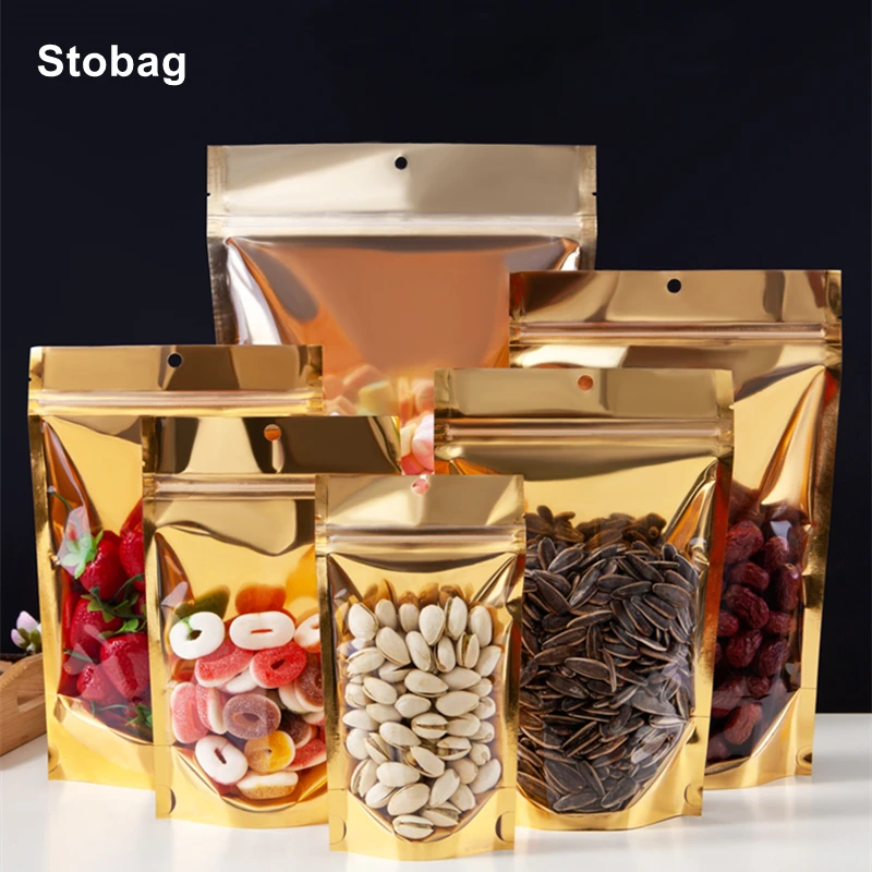 StoBag 100pcs Gold Aluminum Foil Food Packaging Ziplock Bag Hang Hole Sealed Storage for Candy Beans Nuts Reusable Wholesale