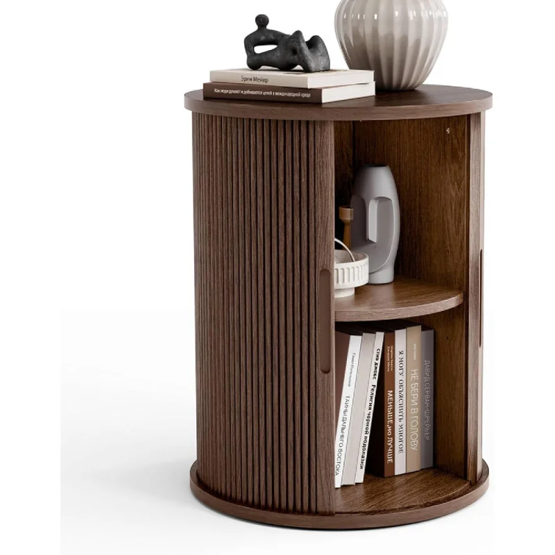 

Round Fluted End Table, Tall Side Table with Sliding Tambour Door and Storage Shelf, Modern Bedside Table, Mid-Century
