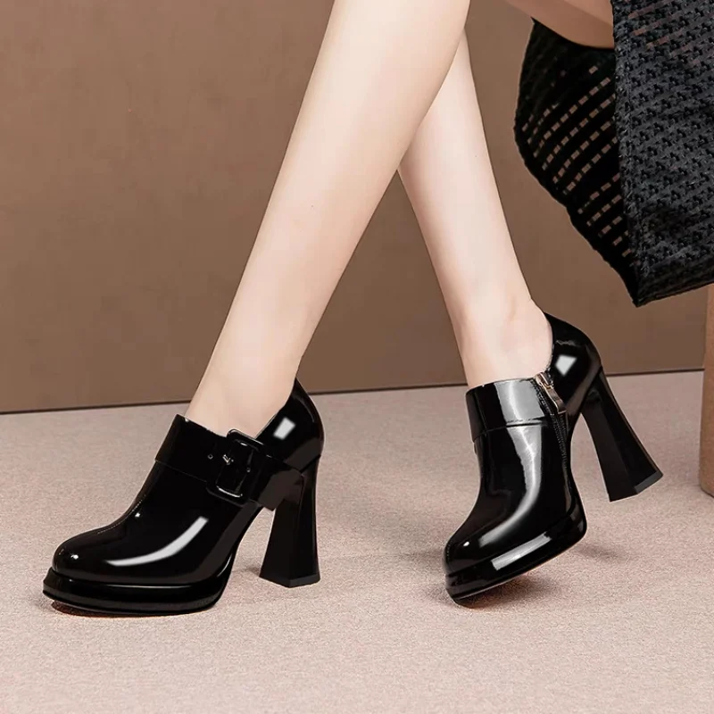 Women Pu Leather Platform Black Fashion Loafers Gothic Black Chunky High Heels Pumps Woman Design Solid Color Round Toe Shoes