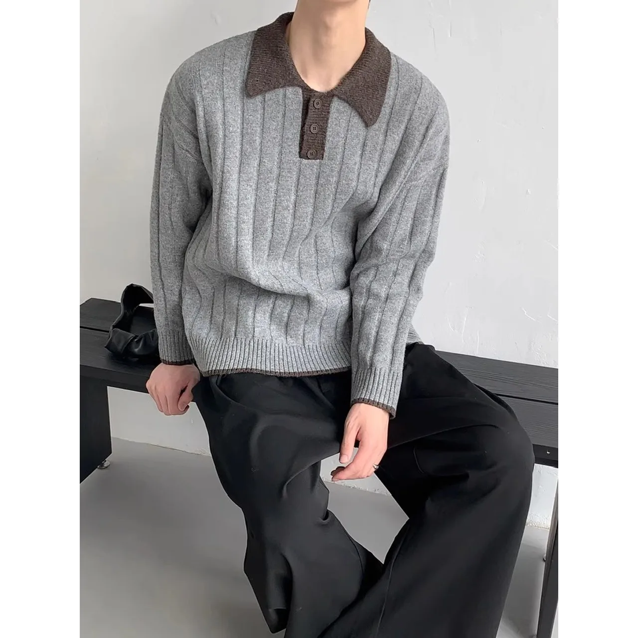 

Осенне-зимний вязаный свитер с воротником для мужчин и женщин, с контрастными вставками, в стиле «lazy», с эффектом высокого класса, из мягкого полиэфирного волокна