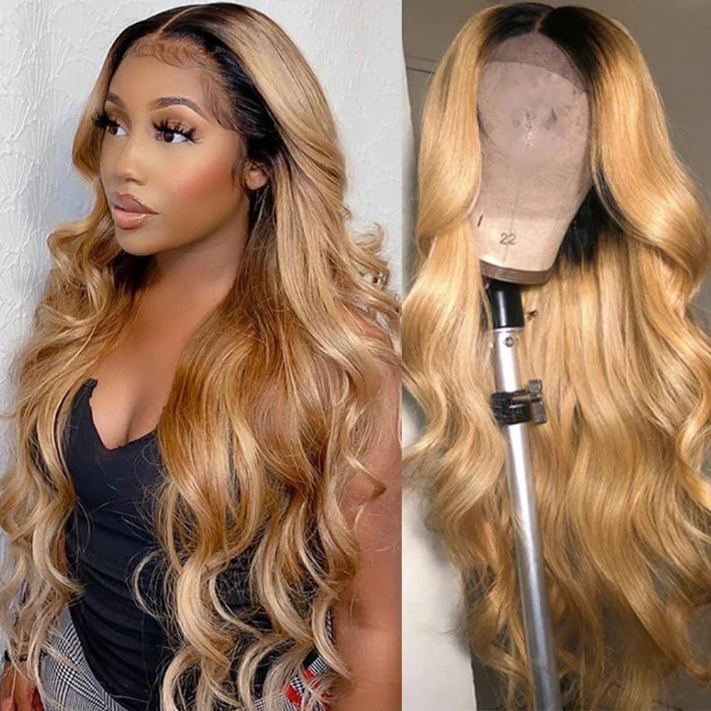 13X4 HD Transparent Lace Frontal Wig Ombre 1B/27 Honey Blonde Lace Front Wigs Body Wave Human Hair Wigs For Women