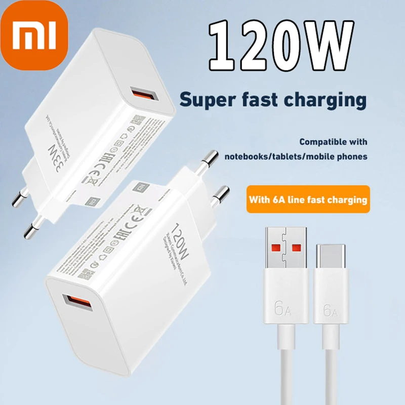 Originl Xiaomi 120W Fast Charge Charger Usb Charger Eu Plug 6A Data Cable 1m Charger Adapter For Iphone 15 14 Samsung Xiaomi