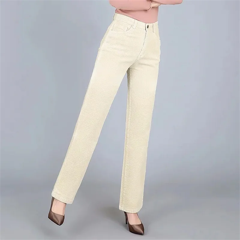 Pantaloni da donna in velluto a coste da lavoro d\'ufficio pantaloni classici di base madre tinta unita a vita alta pantaloni al caramello autunno