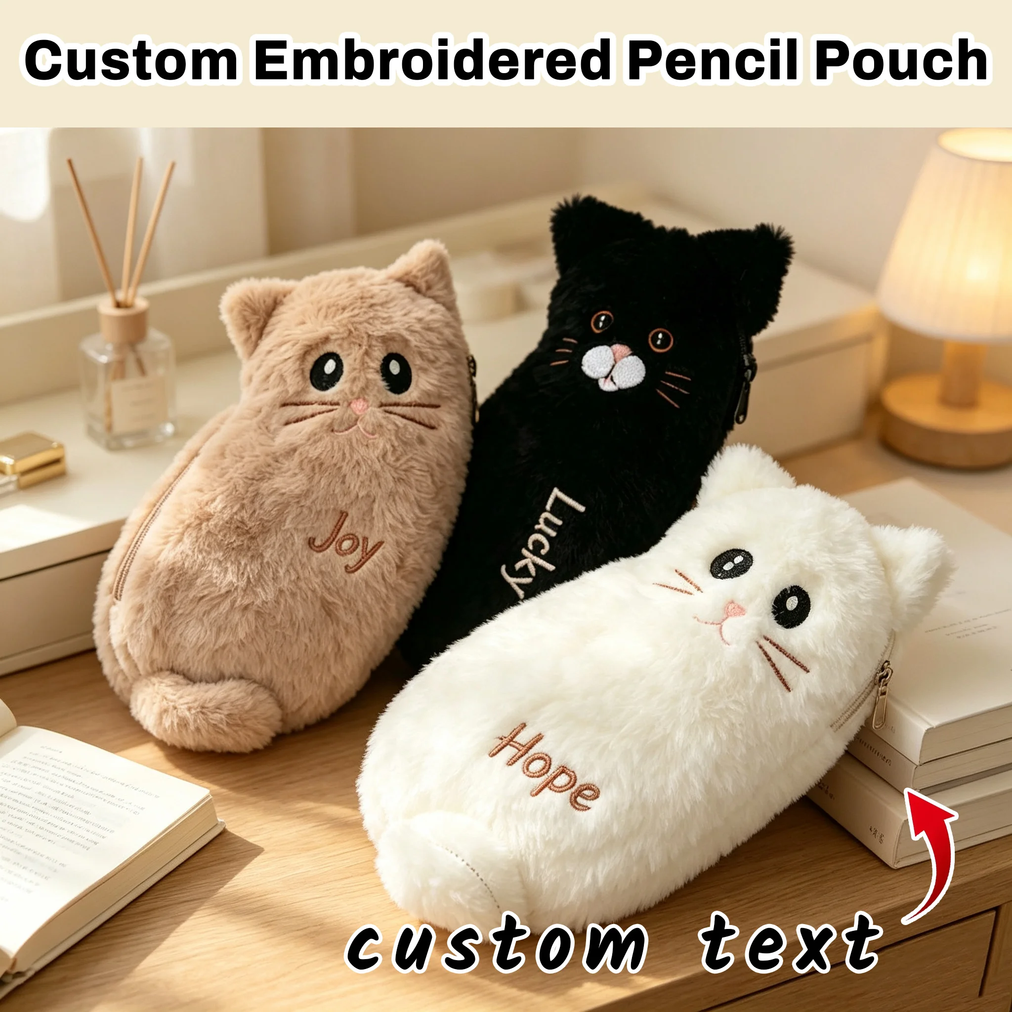 Custom Name Embroidered Plush Cat Pencil Case, Kawaii Cartoon Cat Pencil Pouch, Multifunctional Cosmetic Storage Bag for Student