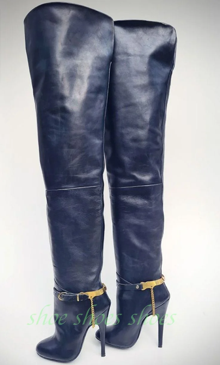 

Женские темно-синие сапоги выше колена с цепочкой золотого цвета с острым носком и пряжкой на ремешке для подиума, осенние сексуальные танцевальные ботинки в стиле ретро, размер 34-46