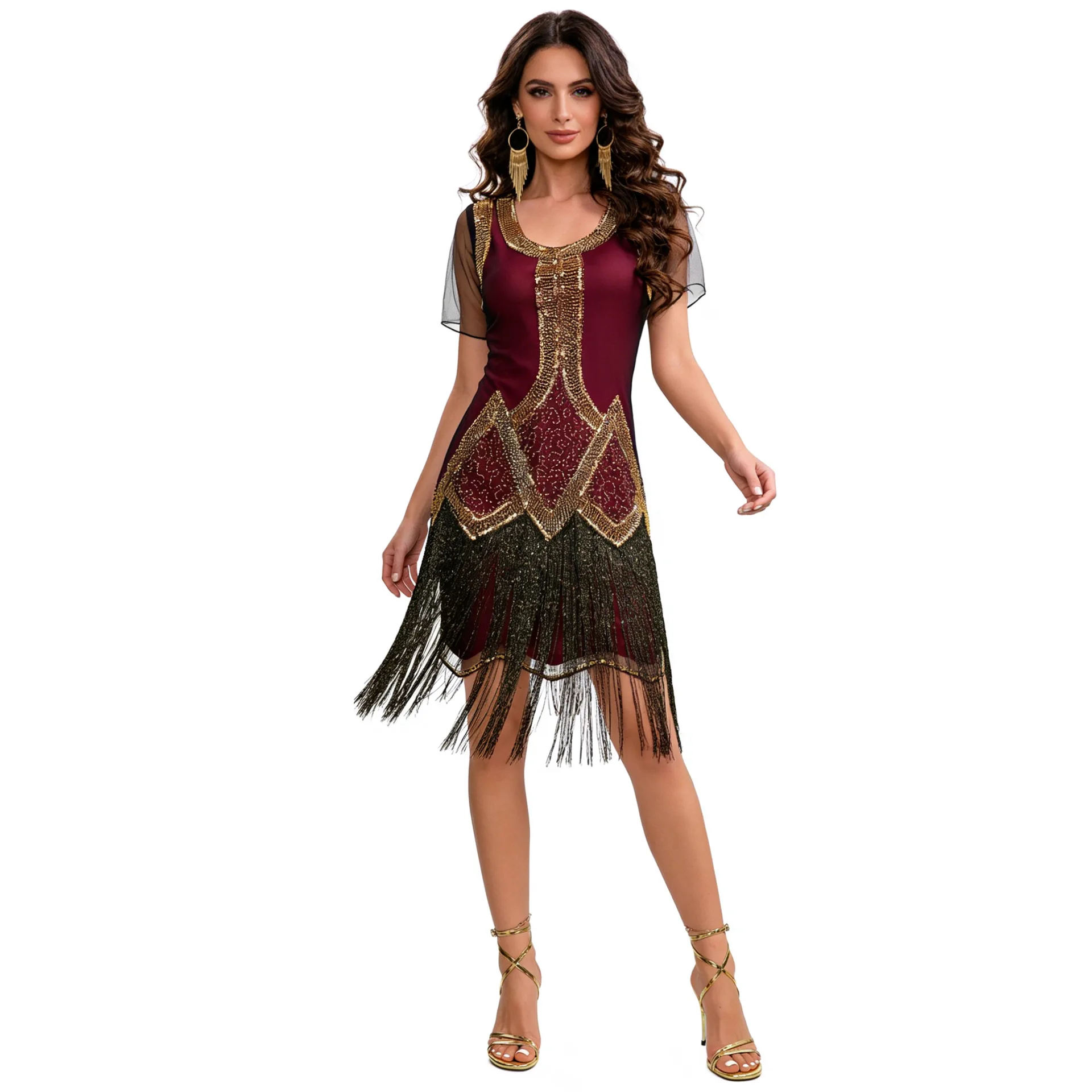 Retro 1920s Sequin Dress Cocktail Party Latin Dance Competition Costume Women's Fashion Ethnic Stage Costume Polyester Fabric view 3