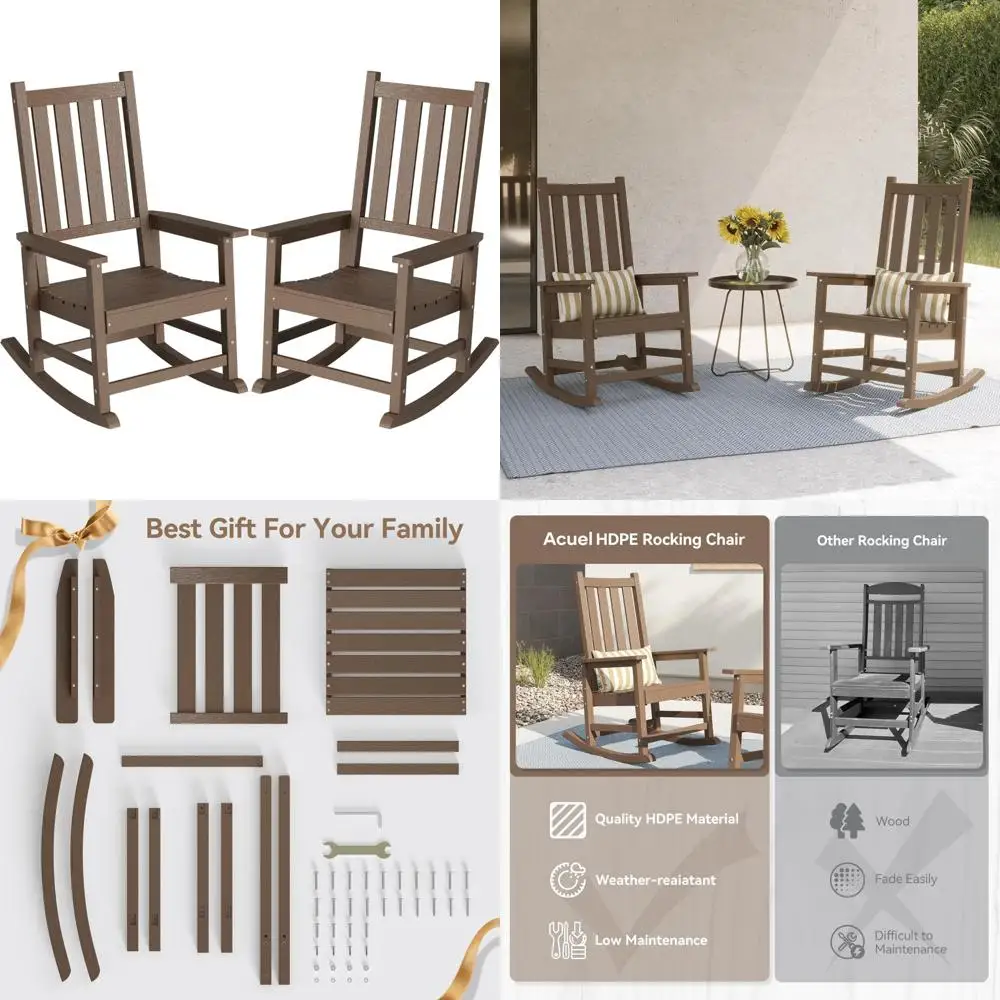 Pair of HDPE Outdoor Oversized Rocking Chairs with Wider Seats and High Backs, Brown
