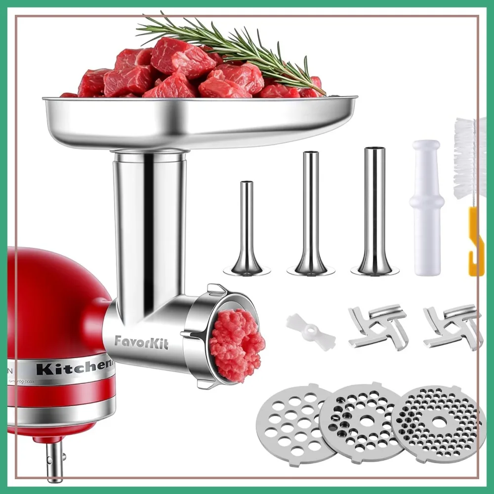

Stainless Steel Food Grinder Attachment for KitchenAid Mixers, Dishwasher Safe Meat Grinder with 3 Sausage Tubes