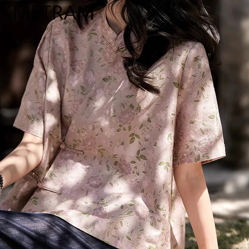 KMETRAM 100% Real Mulberry Silk Women T Shirts New Chinese Style T Shirt Pink Floral New Summer Tops 2026 Woman Clothes футболка