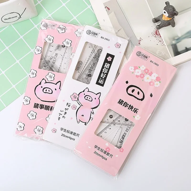 Straight Triangle Ruler, Protractor, 4pcs/set, School Office Supplies, Student Stationery, Drafting Drawing, Kawaii Cartoon