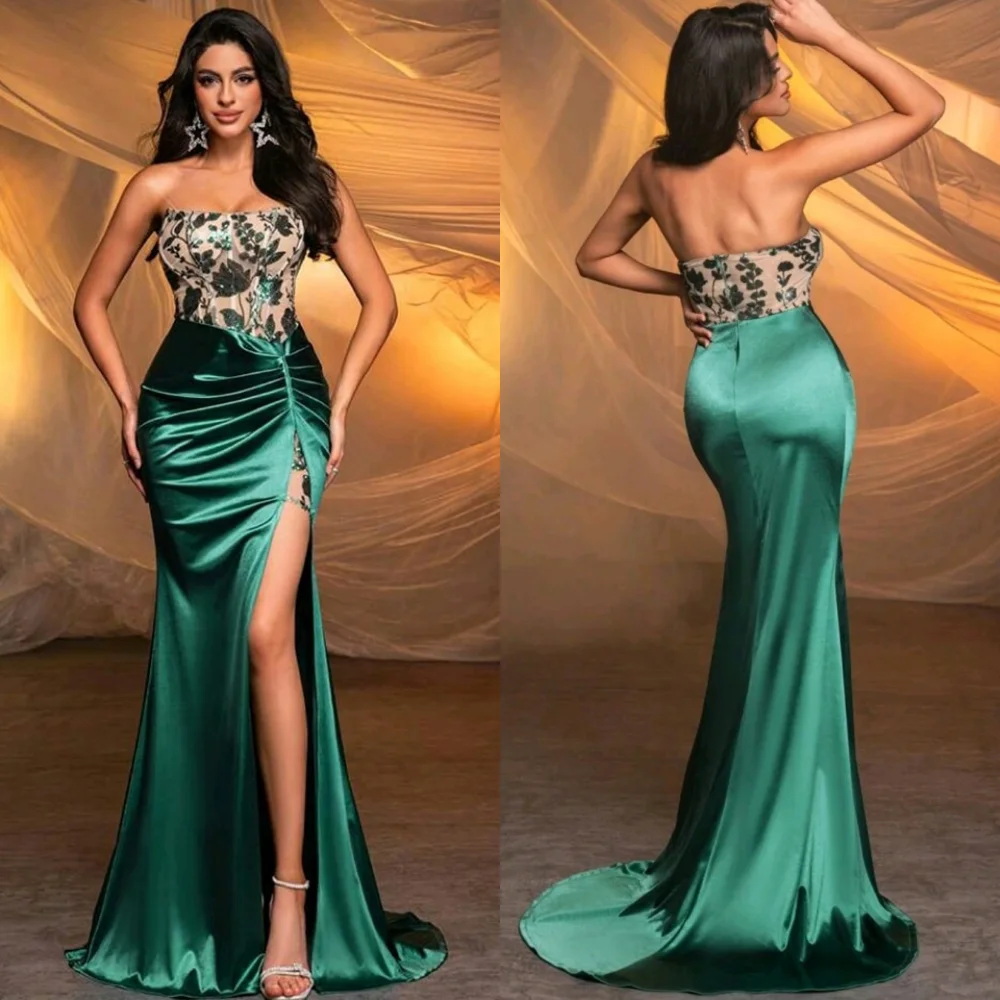 

Customized Intricate Matching Charmeuse Sequined Pleat Trumpet Strapless Long Dresses Bespoke Occasion Classic