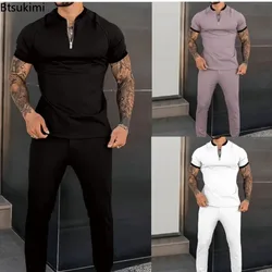 Pull et pantalon de sport deux pièces pour hommes, manches courtes, demi-fermeture éclair, col montant, décontracté, mince, monochrome, mode masculine, tendance, nouveau, 2025