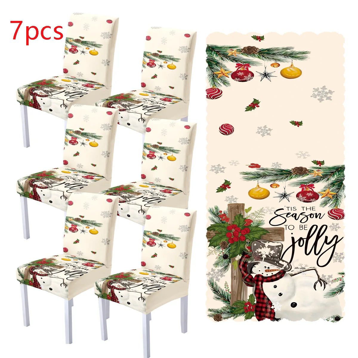 

1/7pcs Christmas chair cover set with snowman and Christmas tree design, stretchy dining chair covers and tablecloths, washable.