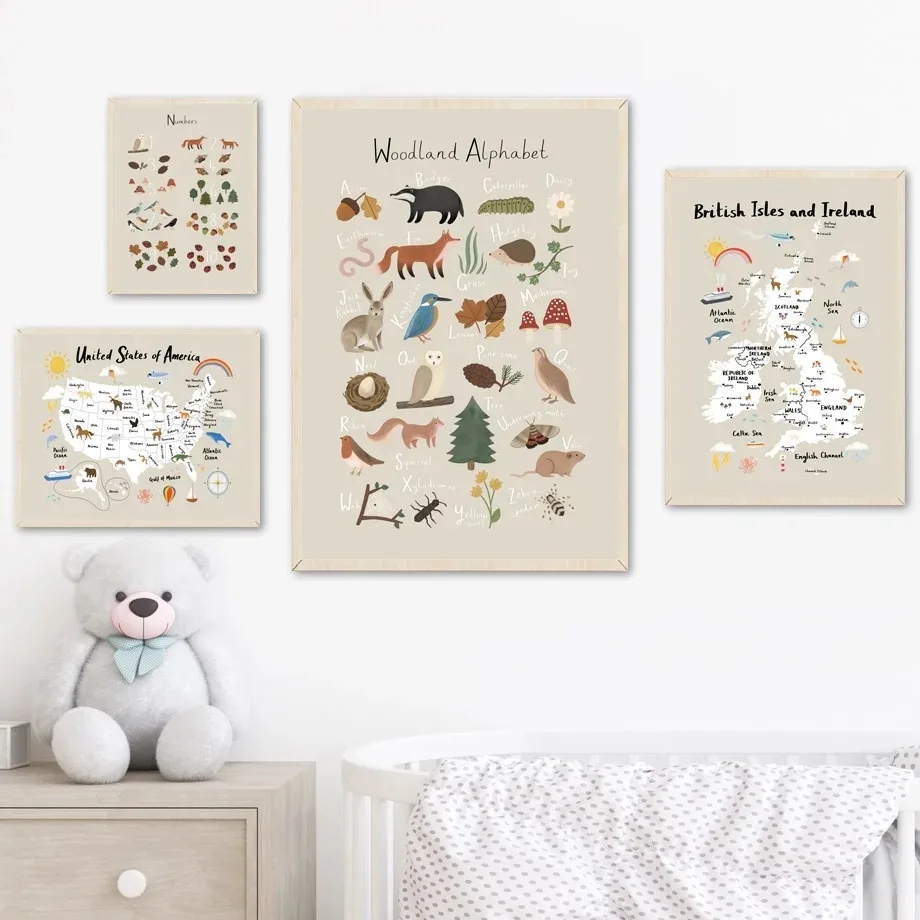 Woodland Alphabet Math Seasons Shapes Leaf Weather Chart Fish USA Canvas Posters Prints Wall Pictures Kids Room Decor