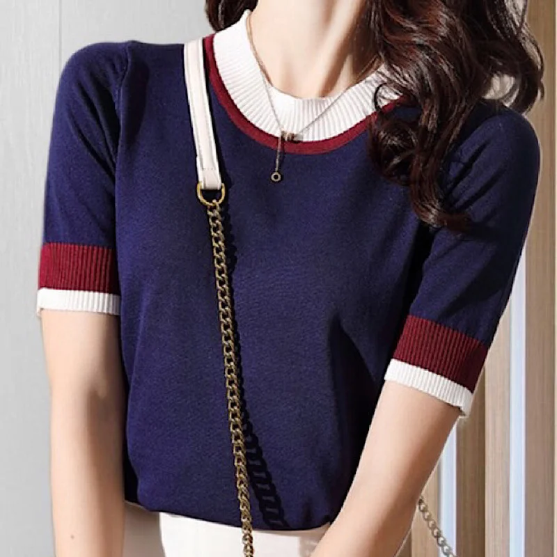 

Korean Woman Tshirts Summer Patchwork Striped Hit Color Casual Sweater Knitted Tops Lady O-Neck Short Sleeve Elegant Fashion Tee