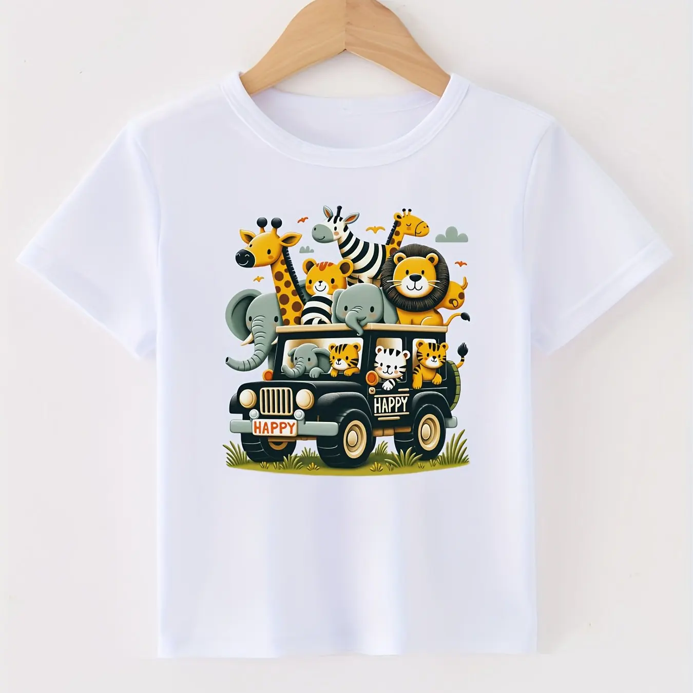 男の子と女の子のための幸せな安全車のアニマルプリントTシャツ、綿100% 、夏の春と秋に最適、柔らかく快適