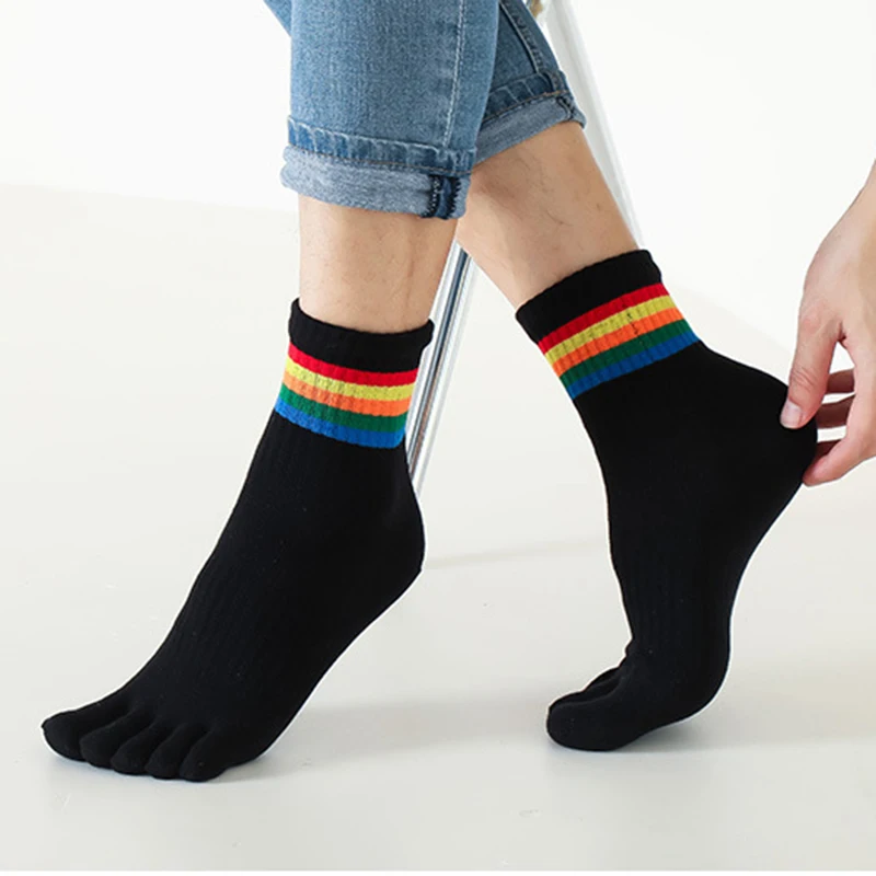 5 Pairs Rainbow Striped Sport Socks with Fingers Men Women Couple Lgbt Mid-Tube Spring Autumn Sweaty Anti-odor Sports Toe Socks