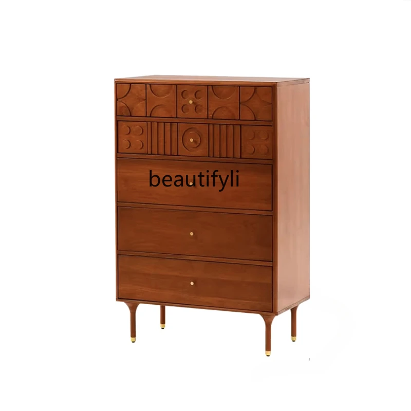 

Retro Chest of Drawers Full Solid Wood Carved Hallway Wall Small Apartment Locker Drawer Bed Front Cabinet