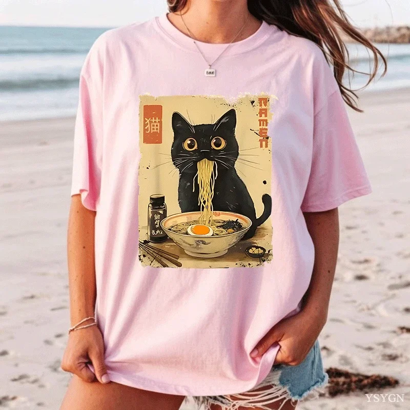Cotton Stylish Vintage Kawaii Cat Ramen Graphic T-Shirt Men Women Cotton Comfortable Crew Neck Short Sleeve Tshirts Clothes Tops
