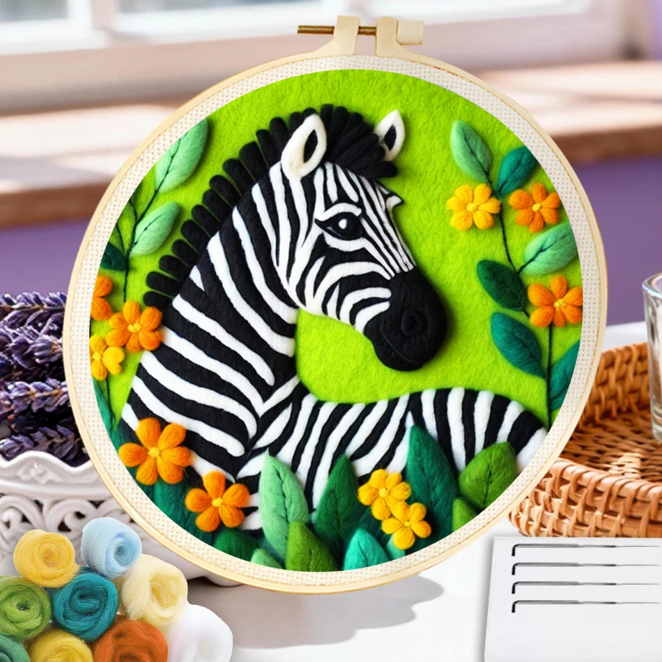 Art Craft Zebra - CHENISTORY ゼブラウール絵画キット モダンクラフト用品 動物初心者向けフェルトキット ウォールアート絵画 装飾フレーム