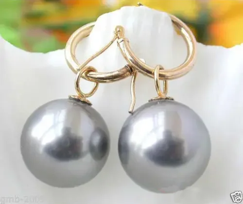 14mm Tahitian Silver Gray South Sea Shell Pearl Dangle Earring new^^@^Noble style Natural Fine jewe