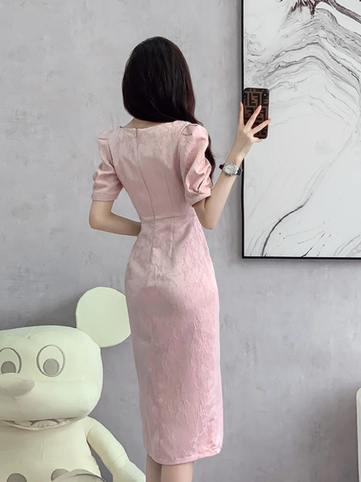 2023 Pink Summer Women Improved Cheongsam Mid Long Vintage Dress Chinese Style Slim Fashion Dresses Qipao S To XXL S2104