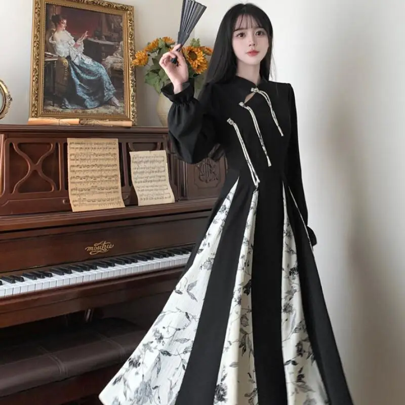 

Весенне-осеннее новое стильное ретро-платье в китайском стиле с уникальным лоскутным эффектом печати, модные топы Kawaii для девочек в китайском стиле