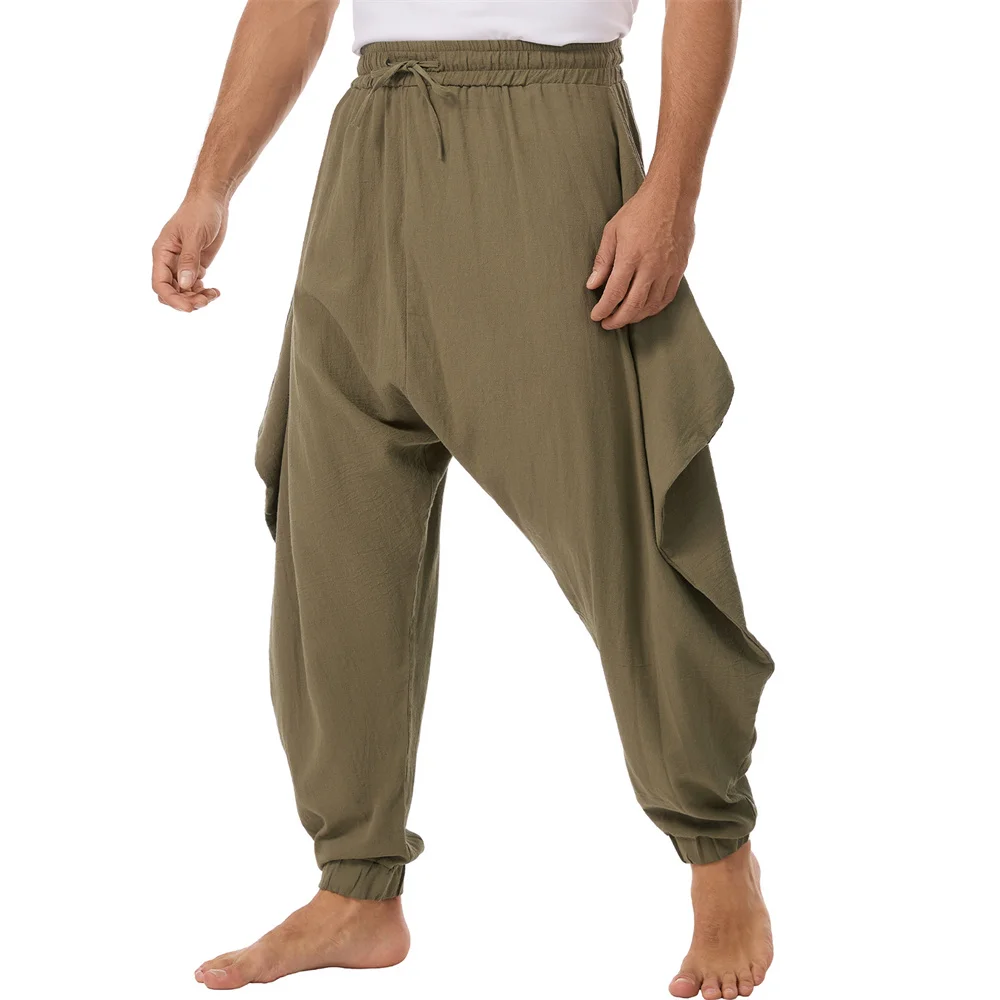 Herren Baumwoll-Leinen-Hose mit Unregelmäßigem Rüschendesign, Einfarbig, Elastischer Bund mit Kordelzug, Haremshose, Atmungsaktive Modische Hose